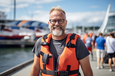 Portrait of a senior man in life jacket and glasses standing on the pierの素材