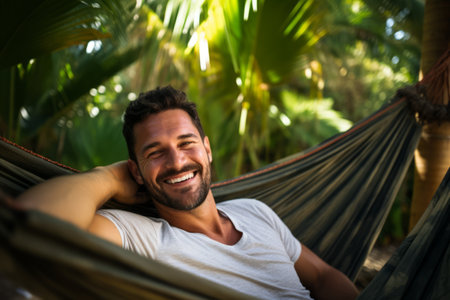 Portrait of a happy man relaxing in hammock at tropical resortの素材