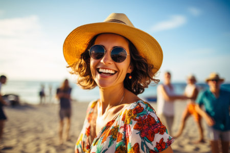 Portrait of young woman in sunglasses and straw hat on the beachの素材