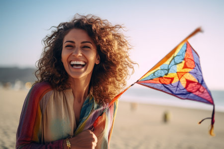 Happy young woman with curly hair and kite on the beach.の素材