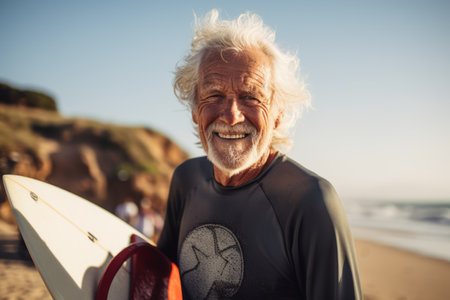 Portrait of smiling senior man with surfboard on beach at sunsetの素材