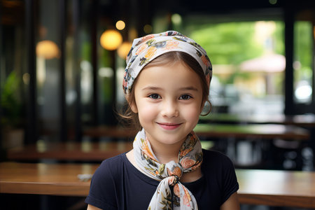 Portrait of a cute little girl wearing a bandana in a cafeの素材