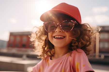 Portrait of a cute little girl with curly hair wearing sunglasses and cap outdoorsの素材