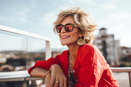Portrait of a beautiful mature woman in sunglasses and red jacket.の素材