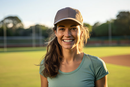 Portrait of smiling young woman with baseball cap standing on baseball courtの素材