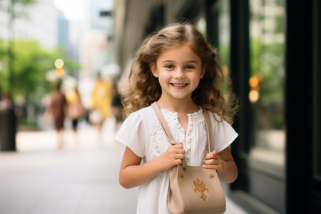 Cute little girl with blond curly hair in white dress and beige handbag on the street.の素材