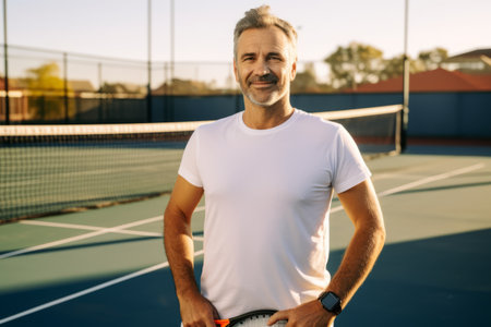Portrait of senior man with tennis racket on tennis court outdoors.の素材