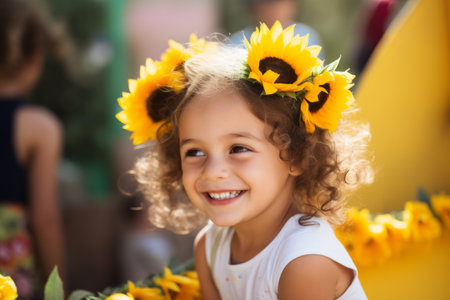 Little girl in a wreath of sunflowers on her headの素材