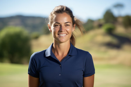 Portrait of smiling female golfer standing on golf course on sunny dayの素材