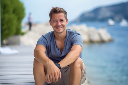 Portrait of a handsome young man sitting on the beach in summerの素材