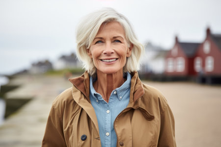 Portrait of happy senior woman standing by seaside promenadeの素材