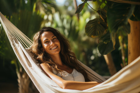 Portrait of beautiful young woman relaxing in hammock at tropical resortの素材