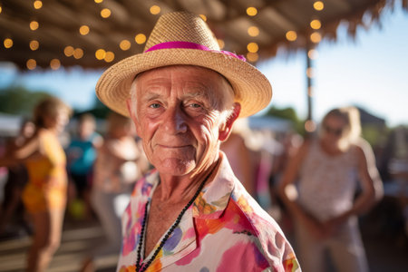 Portrait of senior man with hat at beach party on sunny dayの素材