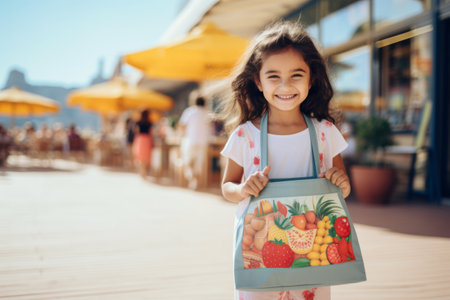 Cute little girl with a bag of fresh fruits on the beachの素材