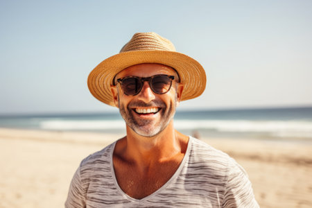 Portrait of smiling man wearing straw hat and sunglasses on the beachの素材