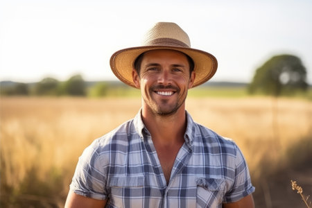 Portrait of a smiling farmer standing in wheat field on a sunny dayの素材