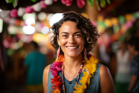 Portrait of happy young woman smiling at camera in a tropical restaurantの素材