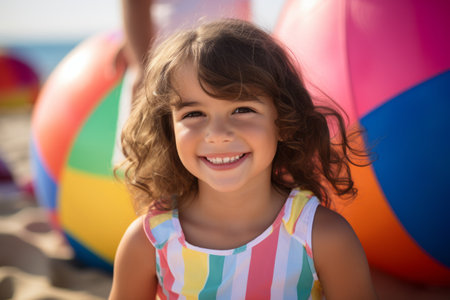 Portrait of smiling little girl playing with beach balls on a sunny dayの素材