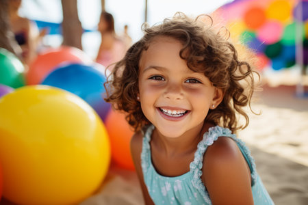 Portrait of a smiling little girl playing with balloons on the beachの素材