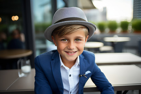 Portrait of smiling boy in hat sitting at table in cafÃÂ©の素材
