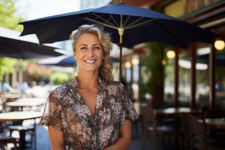 Portrait of smiling mature businesswoman standing with umbrella in outdoor cafeの素材