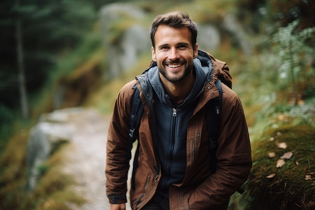 Portrait of smiling man with backpack standing on trail in the forestの素材