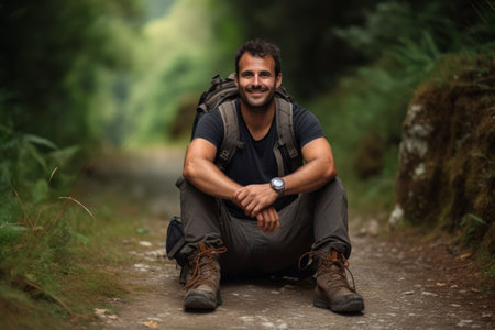 Handsome hiker sitting on a trail and looking at cameraの素材