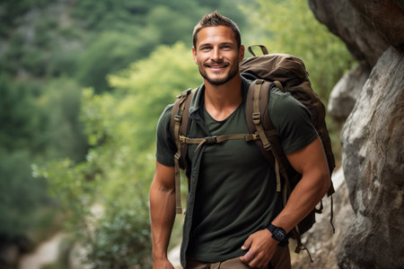 Portrait of a happy young man with backpack standing on a mountain trailの素材