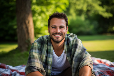 Portrait of smiling man sitting on blanket in park on a sunny dayの素材