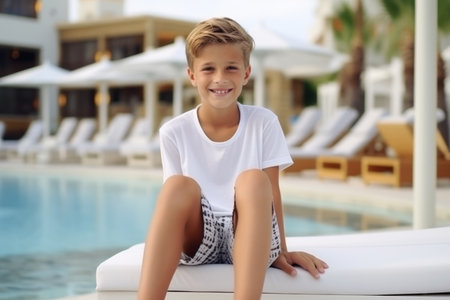 Portrait of a smiling boy sitting on the edge of a swimming poolの素材