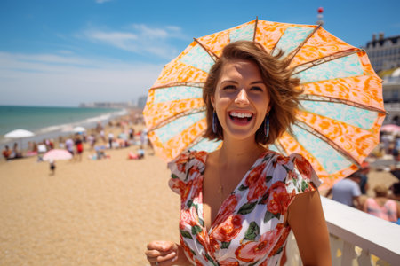 Portrait of a smiling young woman with an umbrella on the beachの素材