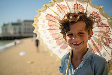 Portrait of a smiling little boy with an umbrella on the beachの素材