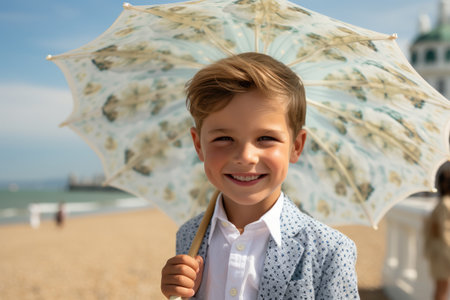 Portrait of a cute little boy with umbrella on the beach in summerの素材