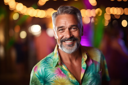 Portrait of a smiling senior man in a colorful shirt at a partyの素材