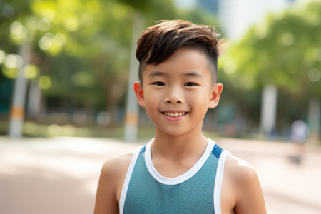 portrait of smiling asian boy in sportswear at parkの素材