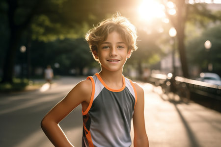 Portrait of a cute little boy in sportswear smiling and looking at camera while standing outdoorsの素材