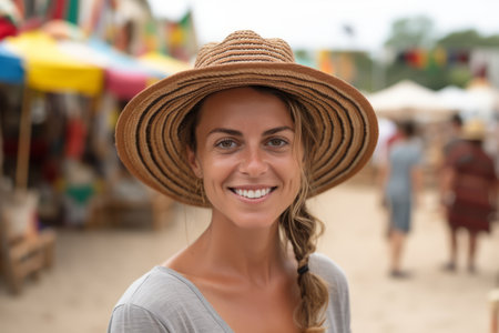Portrait of a beautiful young woman wearing a straw hat on the beachの素材