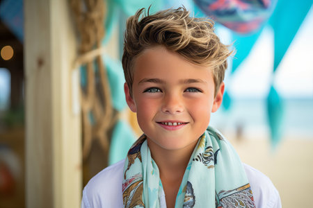 Portrait of smiling boy with headscarf at beach during summer vacationの素材