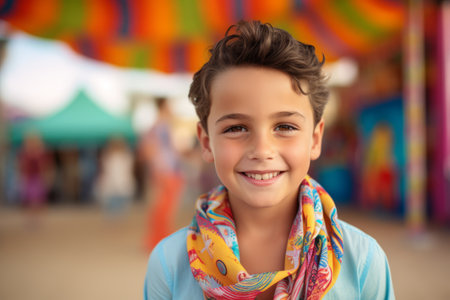 Portrait of smiling boy at amusement park in front of kids tentの素材