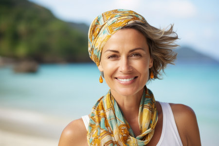 Portrait of happy mature woman in headscarf on tropical beachの素材