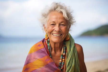 Portrait of happy senior woman with scarf on the beach at summerの素材