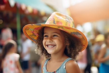 Portrait of smiling little girl in straw hat on amusement park backgroundの素材