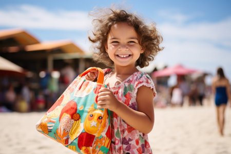 Portrait of happy little girl with shopping bag on beach in summerの素材