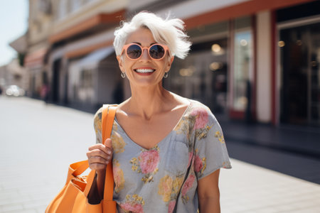 portrait of smiling mature woman in sunglasses with shopping bag in cityの素材