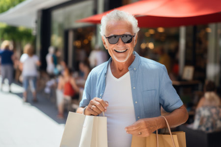 Happy senior man with shopping bags in the city. Select focus.の素材