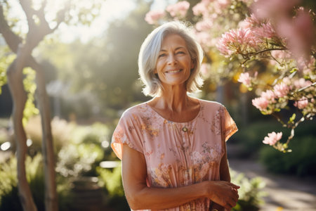 Portrait of a smiling senior woman standing with her arms crossed in the gardenの素材
