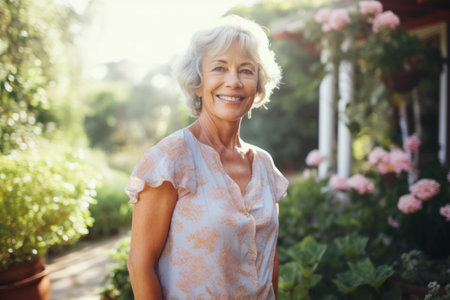 Portrait of smiling senior woman standing in garden on a sunny dayの素材