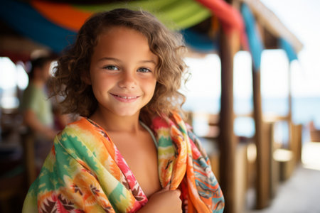 Portrait of a cute little girl with curly hair on the beachの素材