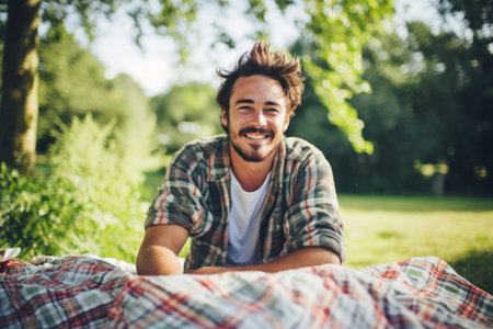 Young handsome man sitting on a plaid in the park and smilingの素材