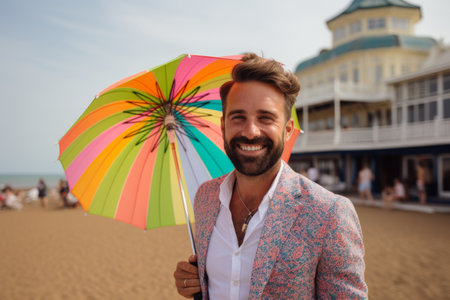 Handsome young man with colorful umbrella on the beach in summerの素材